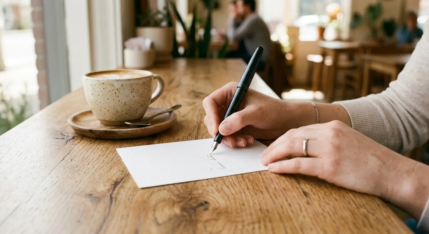 Writing on Noto Cards with coffee nearby