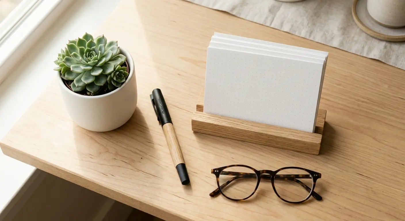 Overhead view of an organized minimal desk