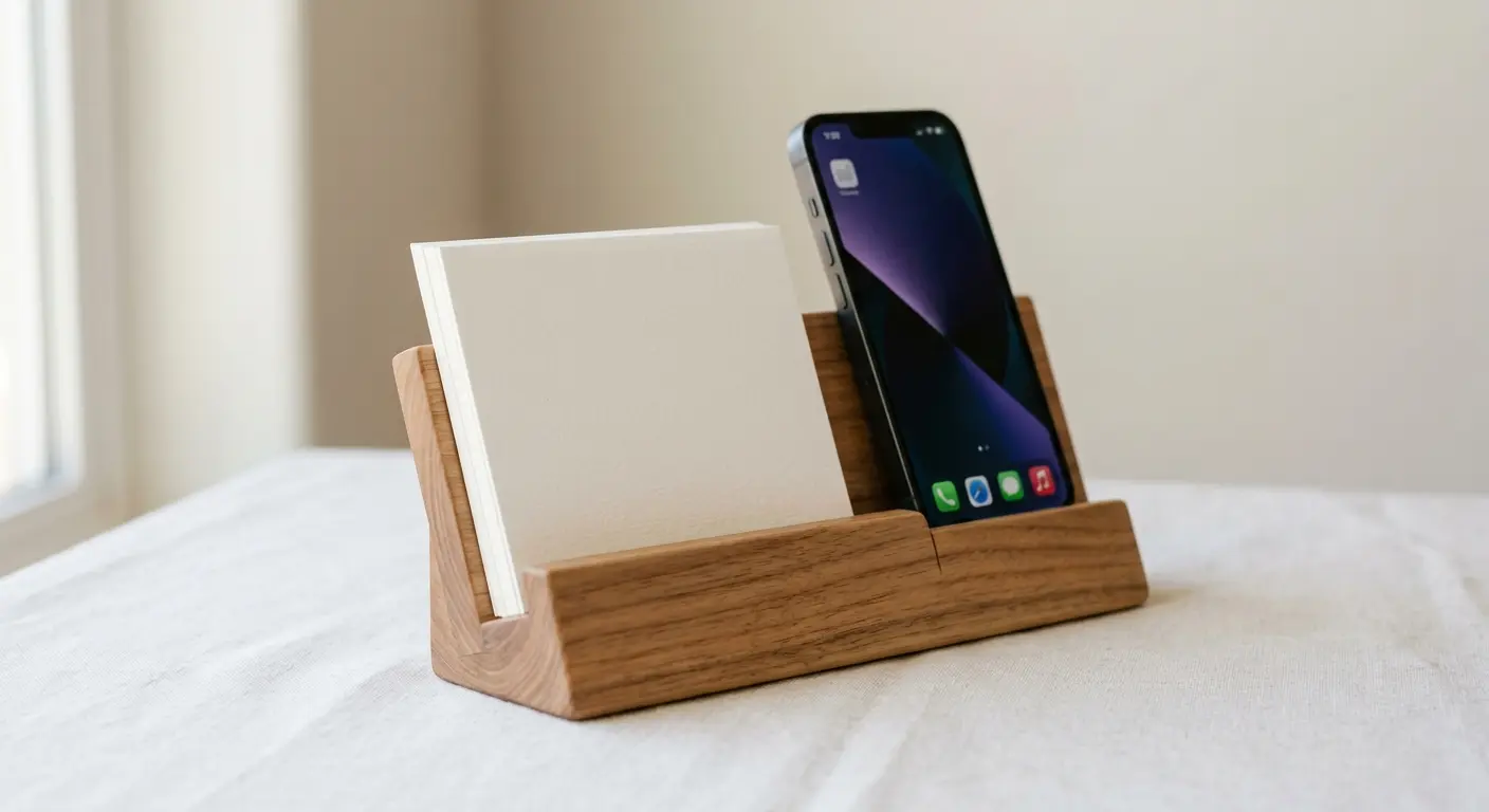 Noto Stand holding cards and propping a phone